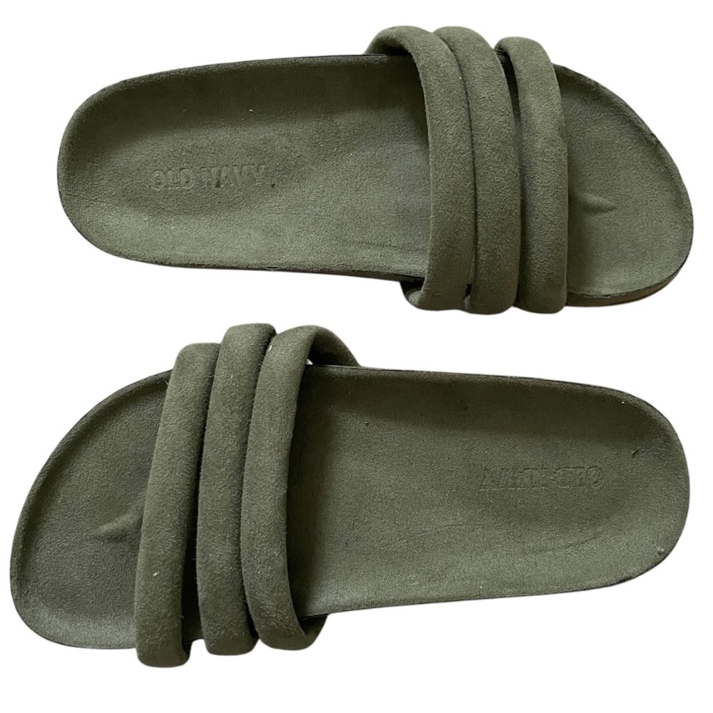 Old Navy Kids Puffy 3-Strap Faux Suede Slide Sandals Flats, Olive Green Size 13